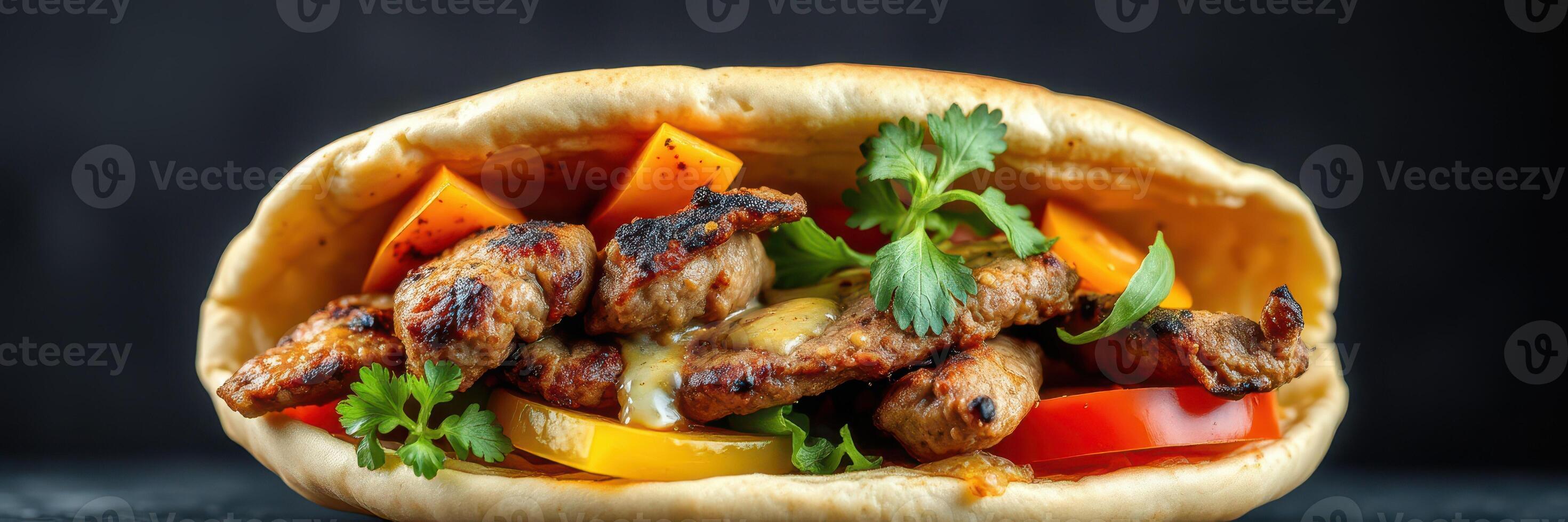 Grilled chicken wrap filled with fresh vegetables and herbs served on a dark background photo