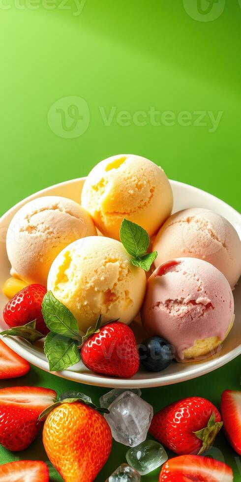 Colorful ice cream bowl filled with various flavors and fresh fruit arranged on a green background photo
