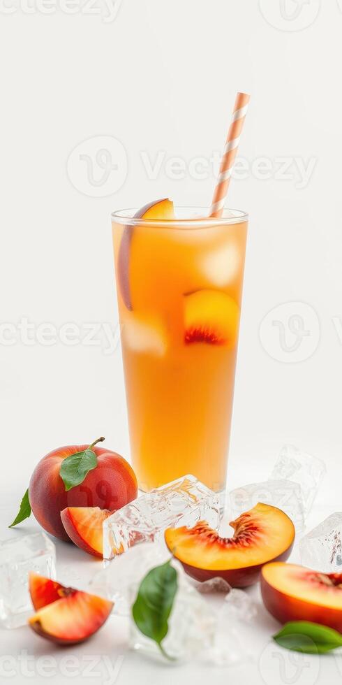 Refreshing peach iced tea served with fresh peach slices on a bright background in summer photo