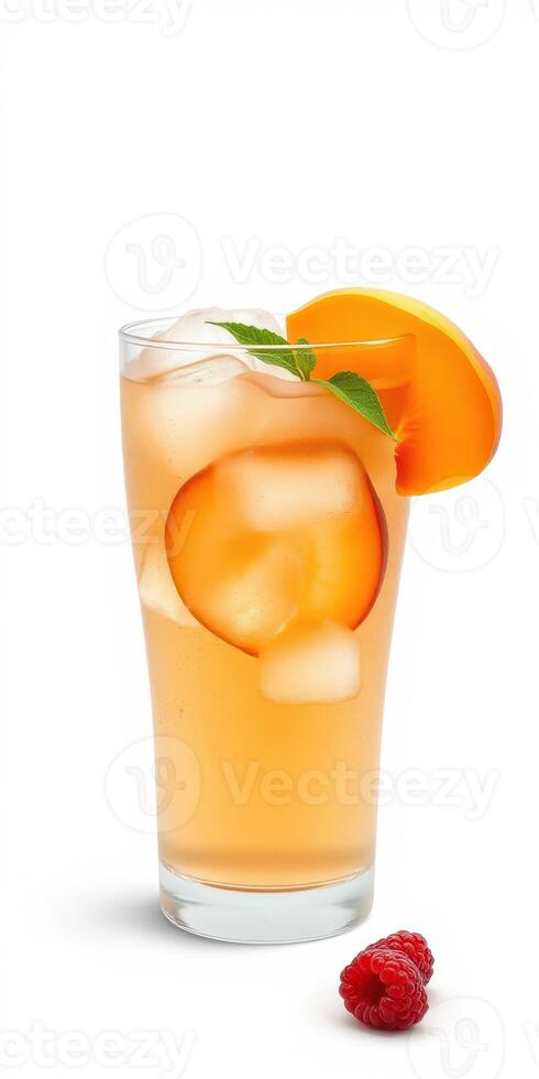 Refreshing peach beverage with garnishes served in a clear glass on a white background photo