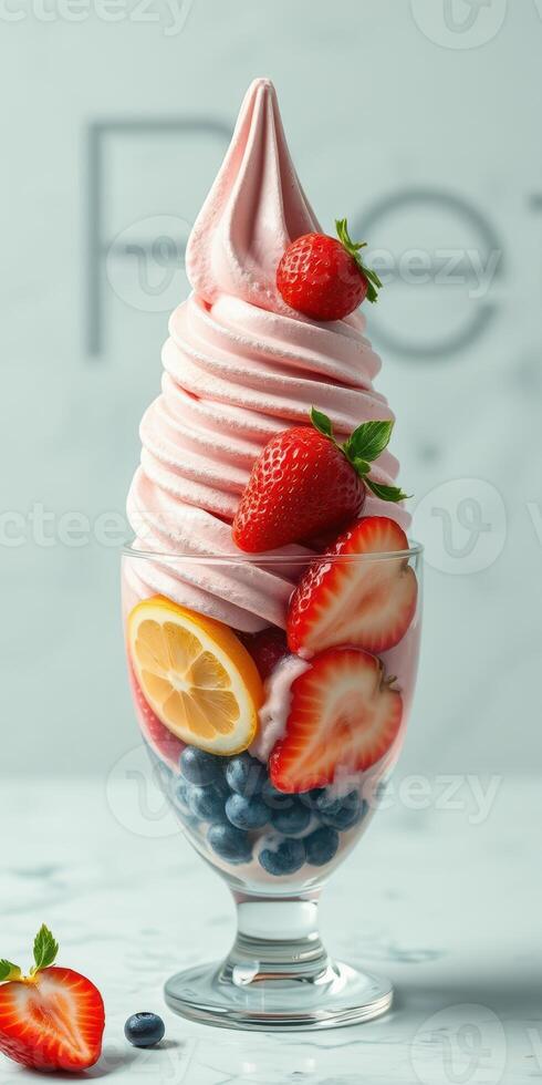 Colorful dessert featuring swirl ice cream topped with fresh strawberries and blueberries served in a glass photo
