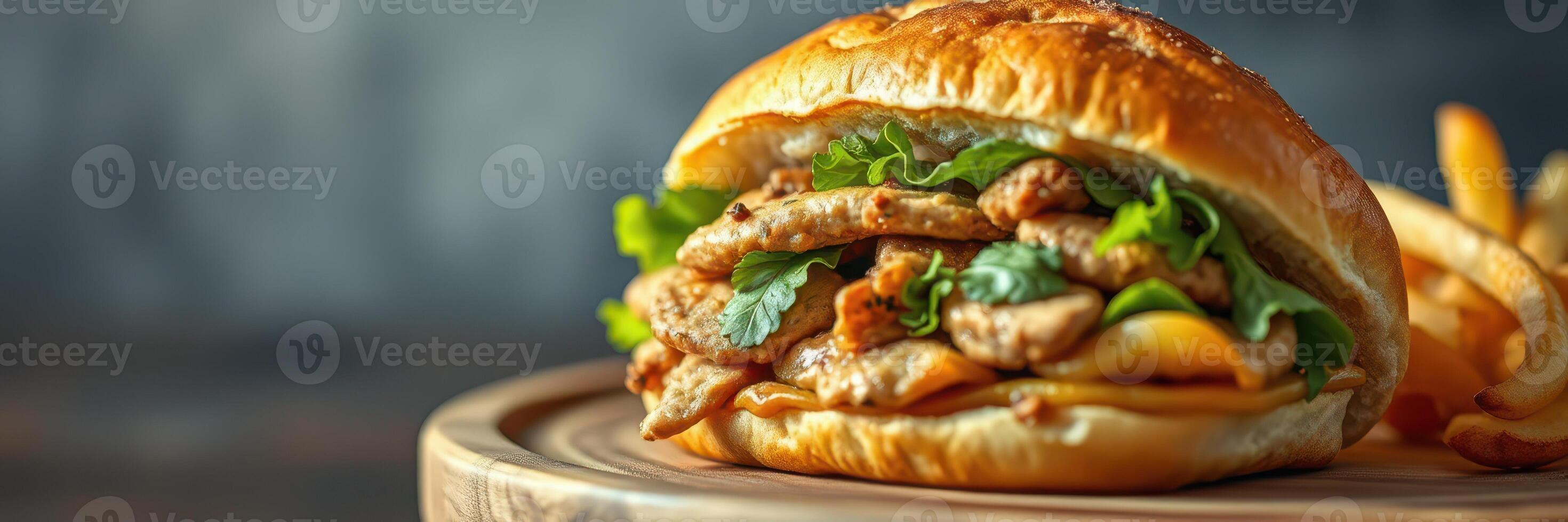 Delicious grilled chicken sandwich served with crispy fries on a rustic wooden plate photo