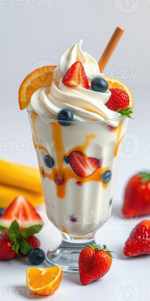 Colorful dessert featuring creamy soft serve topped with fresh fruits and syrup in a glass on a bright background photo