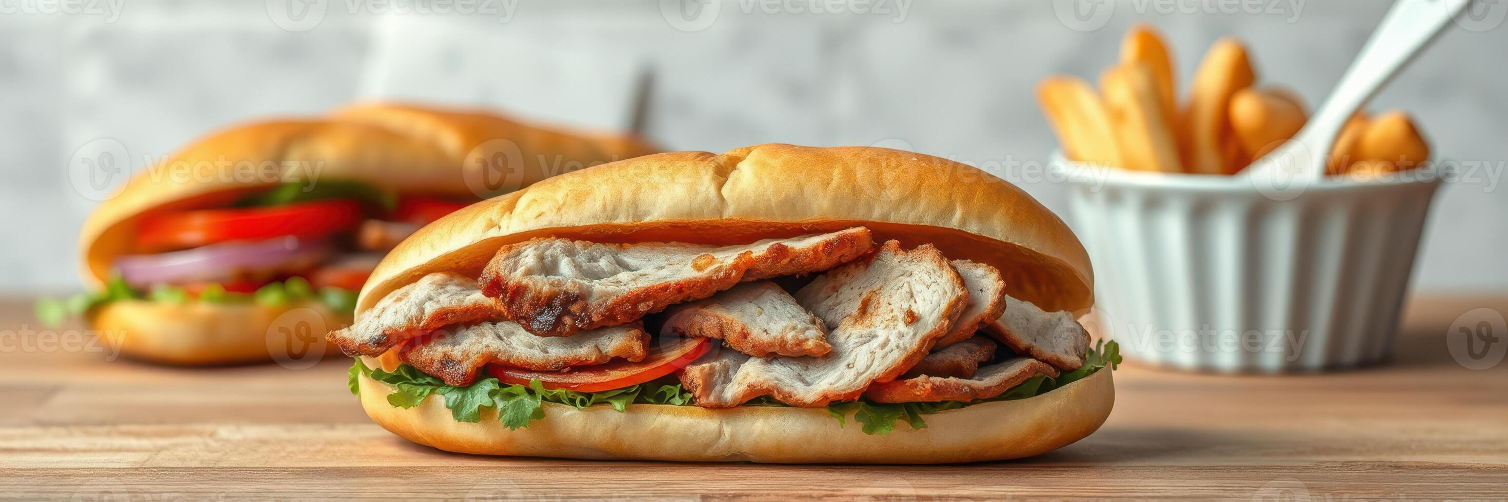 Delicious sandwich with grilled meat, fresh vegetables, and crispy fries on a wooden table photo