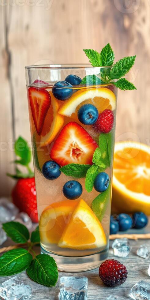 Fresh fruit beverage with vibrant colors and mint leaves in a clear glass photo