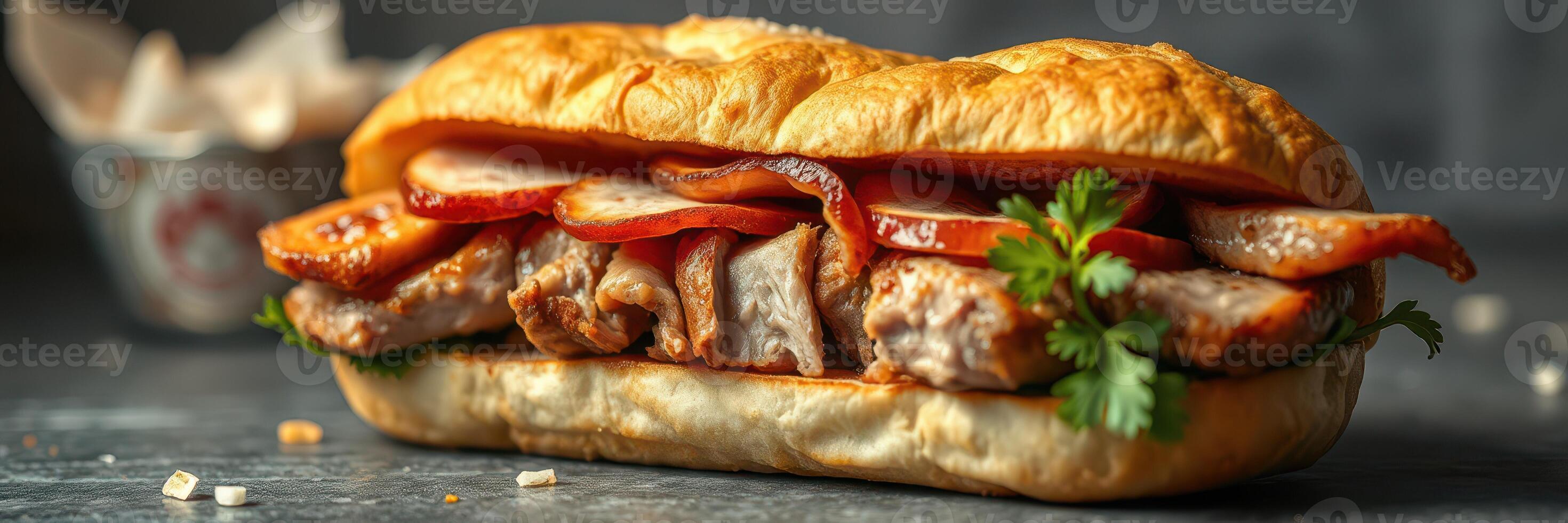Delicious sandwich filled with grilled meat and fresh toppings served in a cozy cafe setting photo