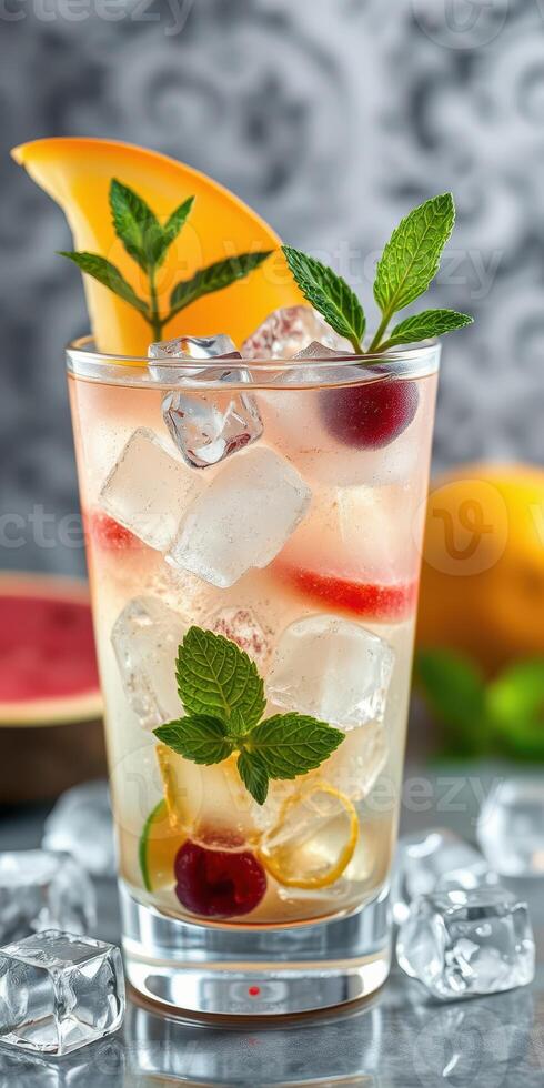 Refreshing summer cocktail with fruits and mint served on ice at a vibrant gathering photo