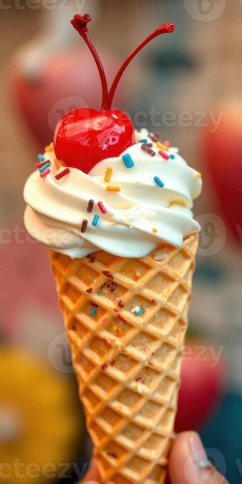 Delicious ice cream cone topped with a cherry and colorful sprinkles at a summer celebration photo