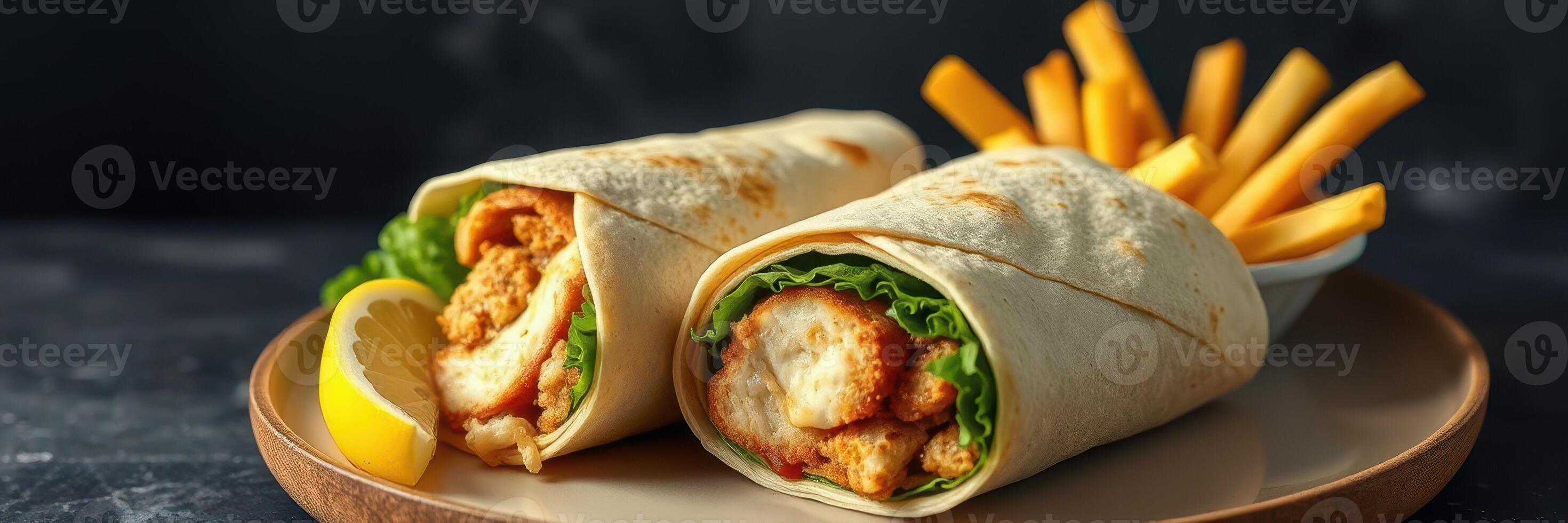 Delicious wrap with fried chicken and crispy fries served on a plate with lemon wedge photo