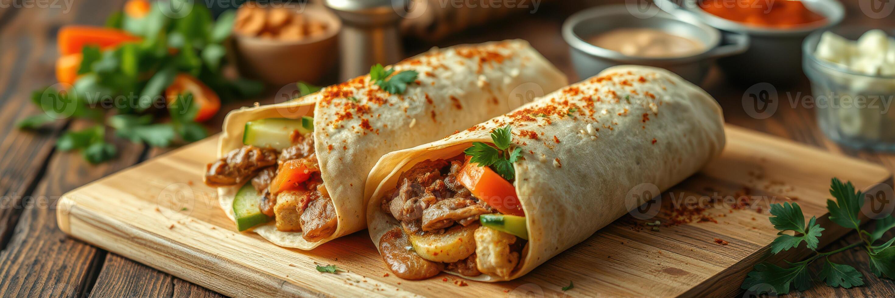 Delicious grilled chicken wraps with fresh vegetables on a wooden board in a cozy kitchen setting photo