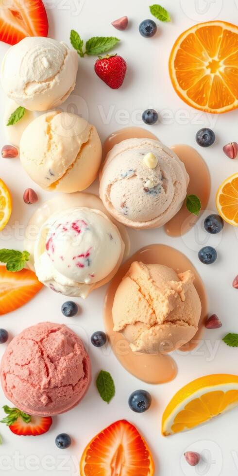 Delicious ice cream scoops arranged with fruits and toppings for a colorful dessert display photo