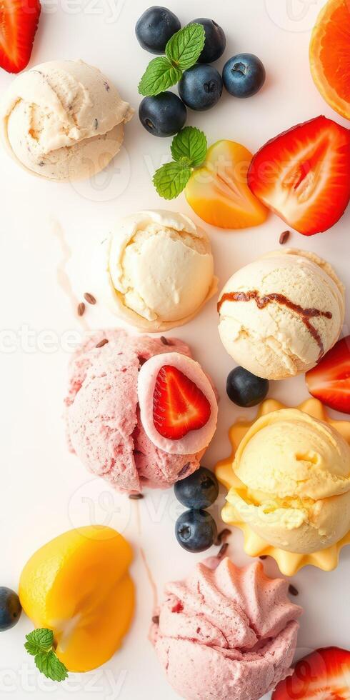 Delicious assortment of ice cream scoops with fresh fruits and mint garnish on a white background photo