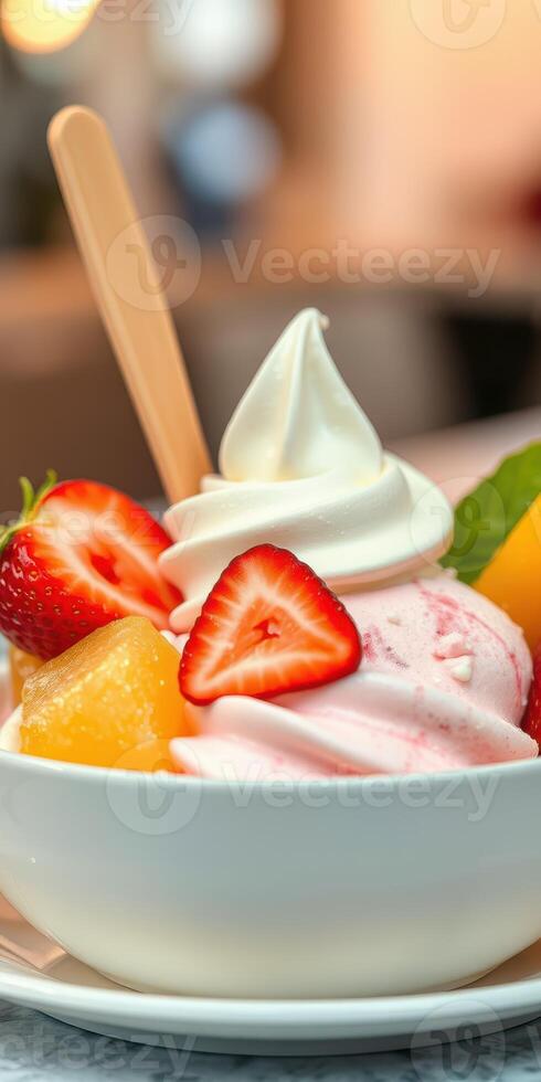 Delightful dessert bowl with soft serve ice cream and fresh fruit garnishes enjoyed in a cozy cafe atmosphere photo