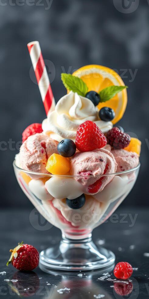 Delicious dessert featuring vibrant ice cream topped with fresh fruits and whipped cream on a wooden table photo