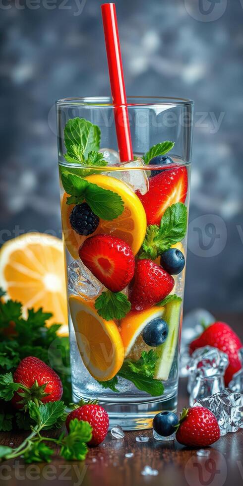 Refreshing fruit-infused beverage with colorful berries and citrus served in a tall glass on a wooden table photo