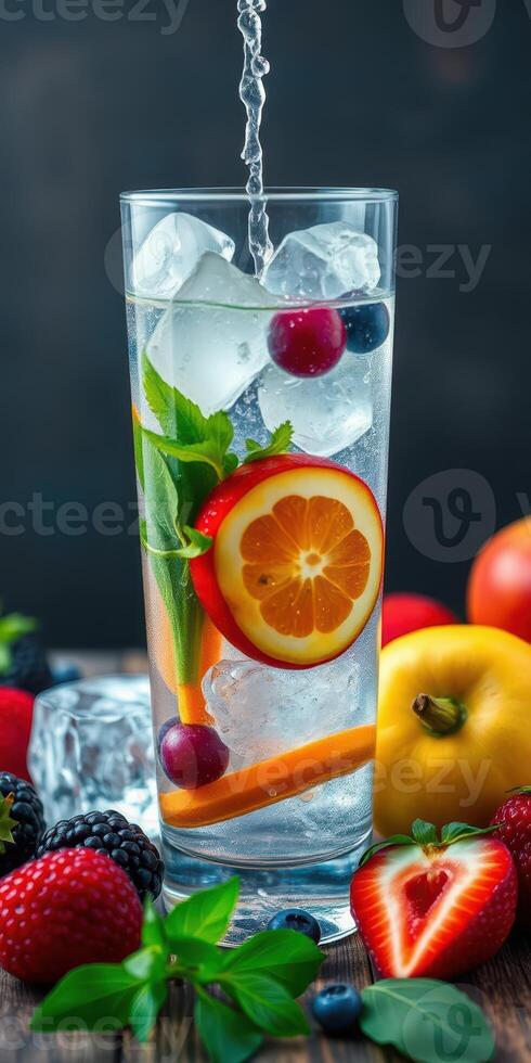 Refreshing fruit-infused drink with colorful ingredients on display in a stylish setting photo