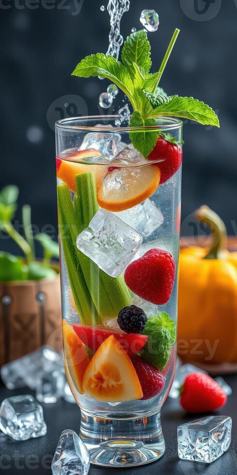 Refreshing fruit cocktail with mint leaves and ice served in a tall glass on a dark background photo