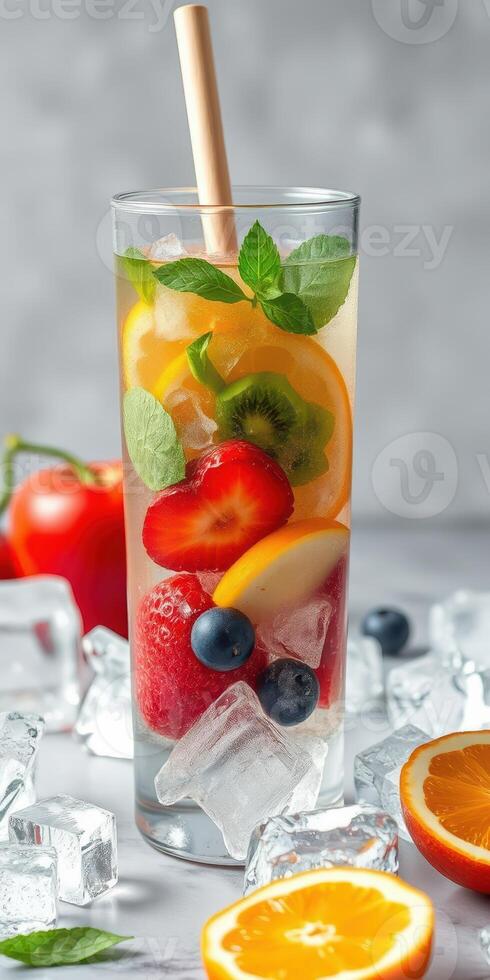 Refreshing fruit cocktail with ice and mint in a tall glass on a marble surface photo