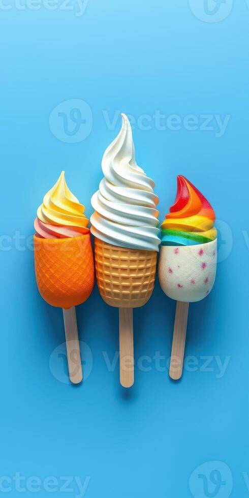 Colorful ice cream cones arranged on a blue background showcasing various flavors and toppings photo