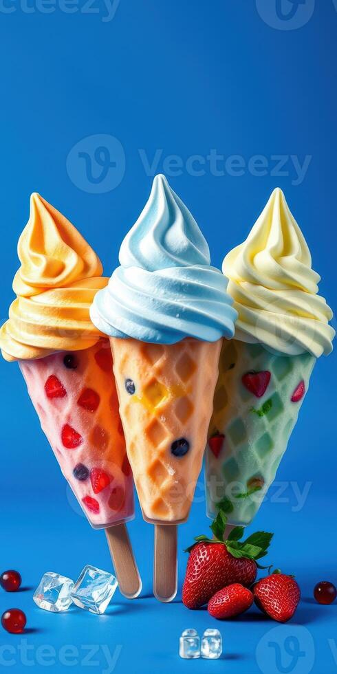 Colorful ice cream cones arranged against a bright blue background on a sunny day photo