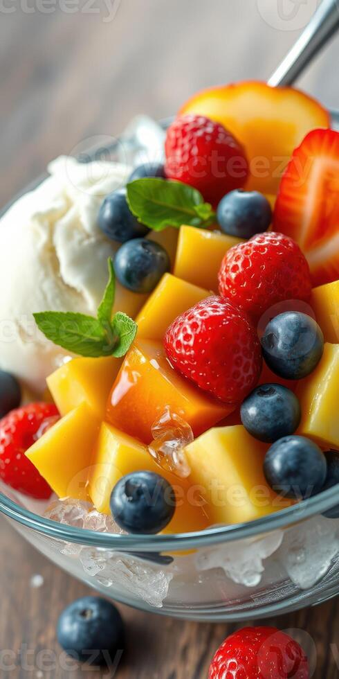 Fresh fruit salad with mango, strawberries, blueberries, and ice cream served in a clear bowl photo