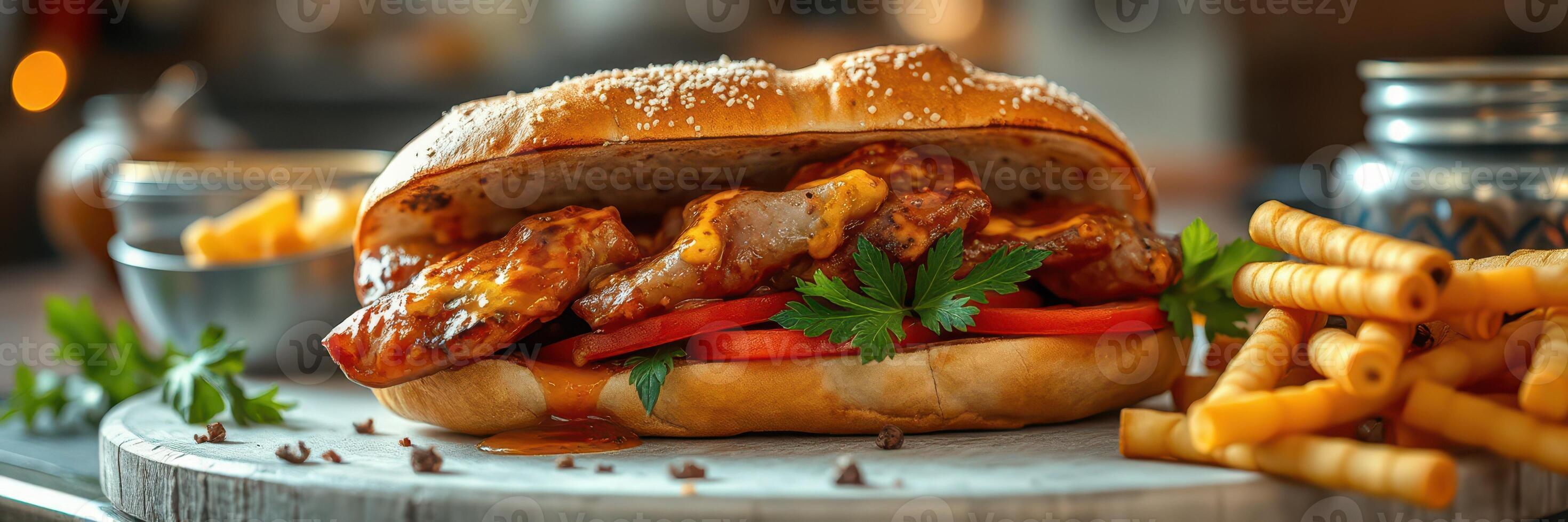 Delicious sandwich with grilled chicken, fresh vegetables, and crispy fries served on a wooden board in a cozy setting photo