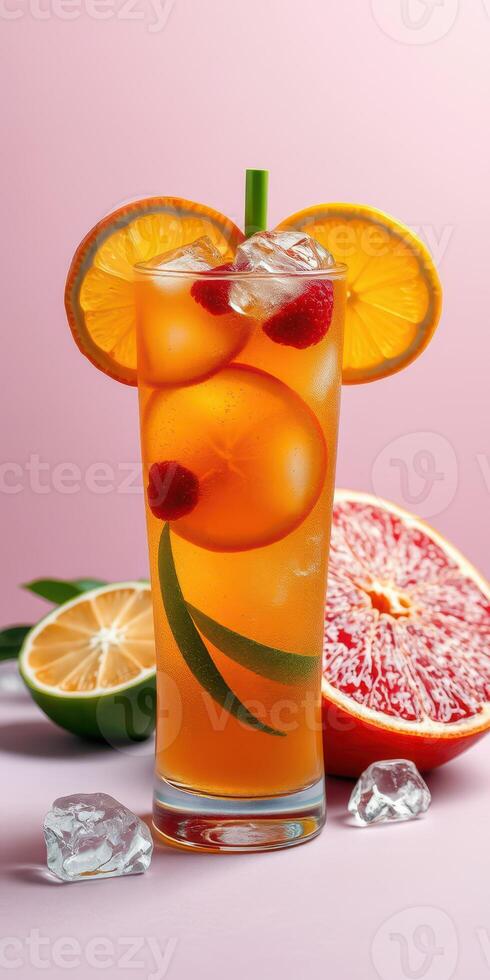 Refreshing citrus drink with ice and vibrant fruit garnish for a summer refreshment photo