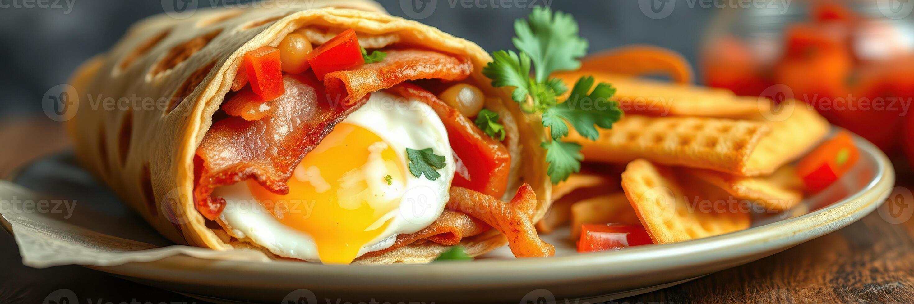 Delicious breakfast wrap with bacon, egg, and vegetables served with crispy waffle fries photo
