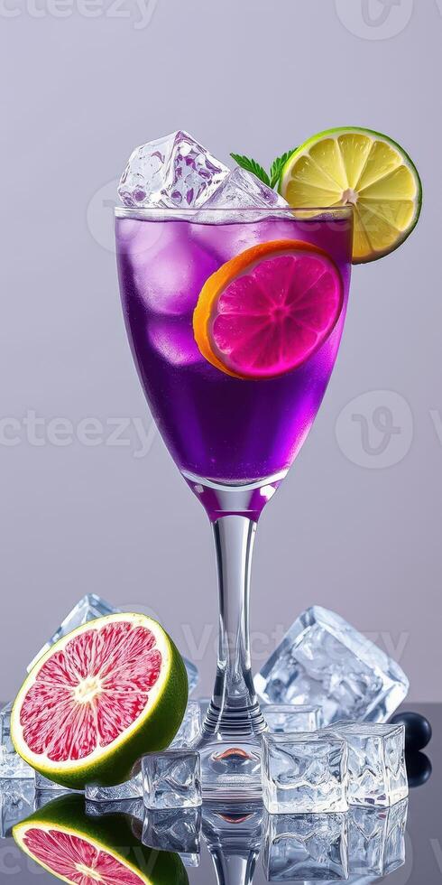 Vibrant cocktail with citrus garnishes served on ice in a stylish glass photo