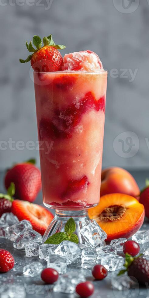 Refreshing mixed fruit slush with strawberries and peaches on a bed of ice photo