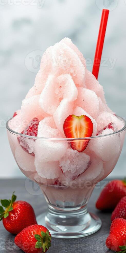 Refreshing strawberry ice dessert served in a glass with vibrant red strawberries and a straw photo