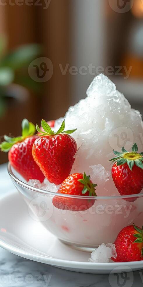 Strawberry dessert served in a clear bowl filled with crushed ice, enjoyed indoors at a cozy cafe photo