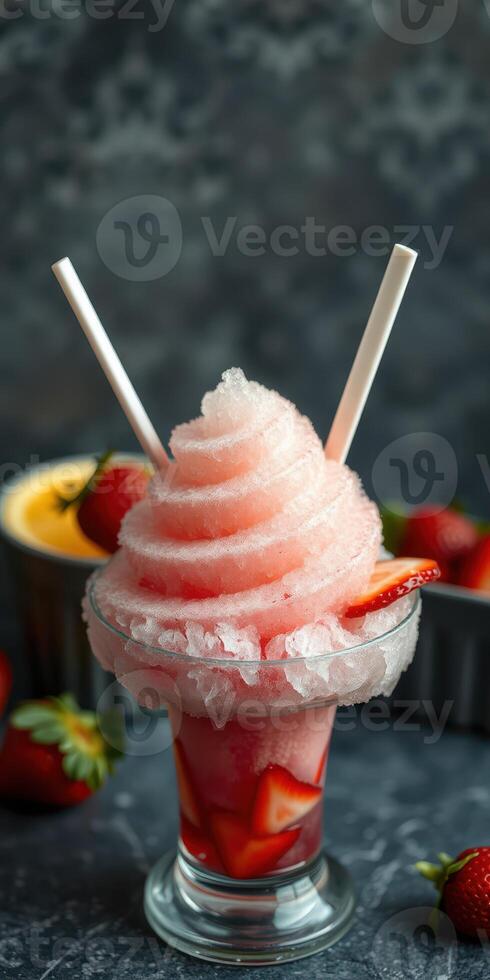 Refreshing strawberry slush topped with whipped ice and served in a glass with two straws photo