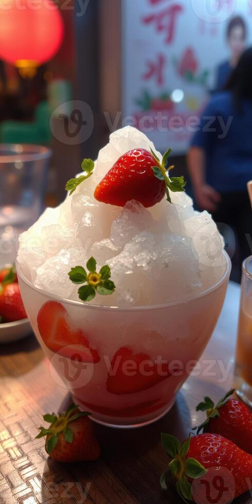 Delicious strawberry snow dessert topped with fresh berries served in a clear dish at a vibrant eatery photo