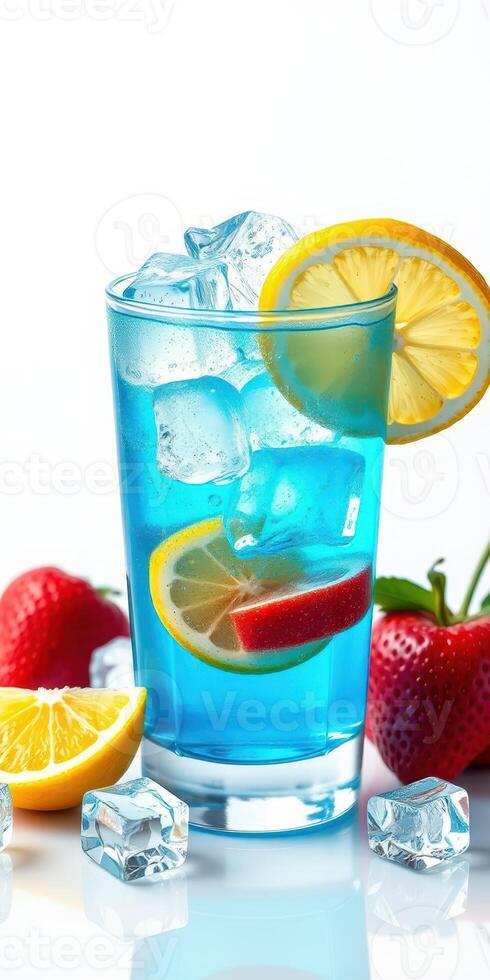 Refreshing blue drink with lemon and strawberries garnished with fresh fruit and ice cubes on a bright background photo