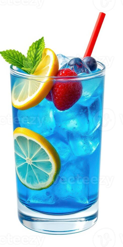 Refreshing blue beverage with fruits served in a clear glass filled with ice photo