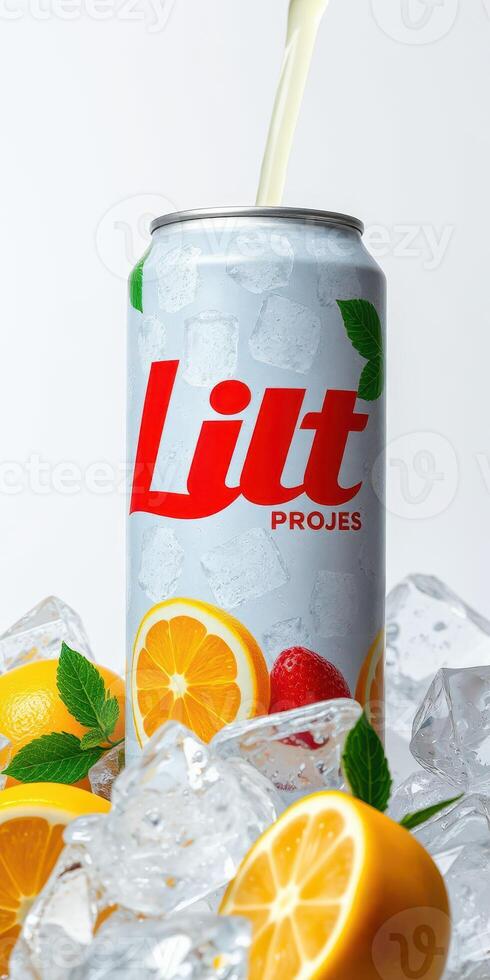Refreshing beverage can with fresh citrus fruits and ice cubes in a vibrant setup photo