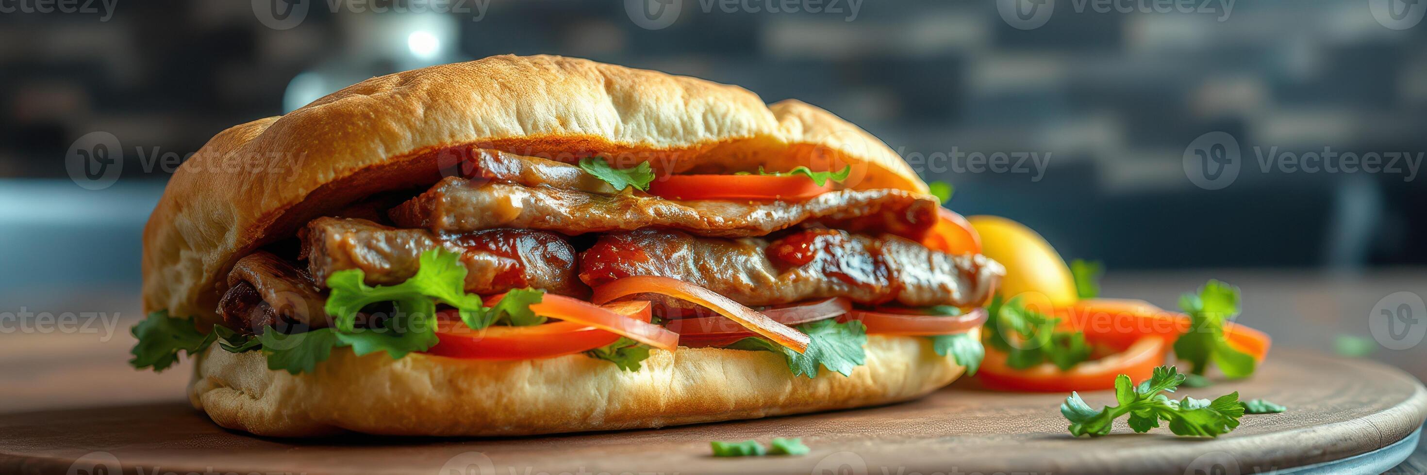 Delicious sandwich filled with savory meat and fresh vegetables served in a cozy setting photo