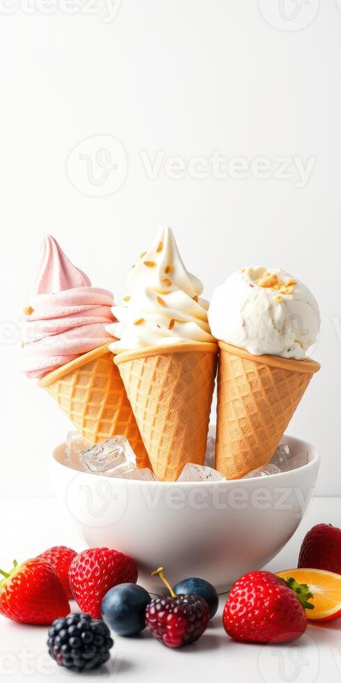Three colorful ice cream cones in a bowl surrounded by fresh fruits on a white background photo
