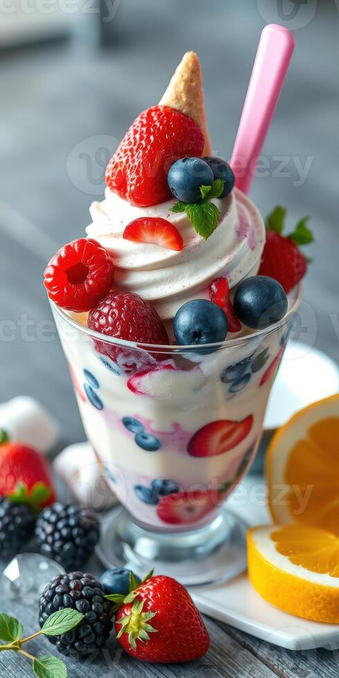 Delicious fruit parfait with whipped cream topped with berries and a waffle cone in a bright setting photo
