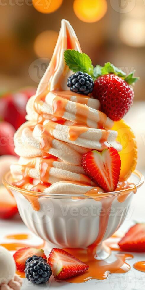 Delicious dessert featuring soft-serve ice cream topped with fresh fruits and vibrant syrup in a cozy setting photo