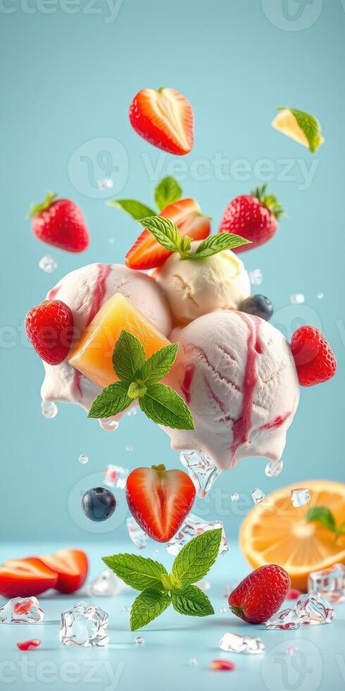 Delicious ice cream scoop garnished with strawberries, mint, and tropical fruits in a refreshing display photo
