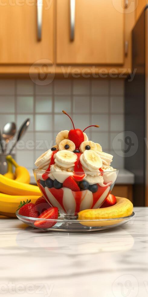 Colorful dessert bowl topped with bananas, cherries, and strawberries on a kitchen countertop photo