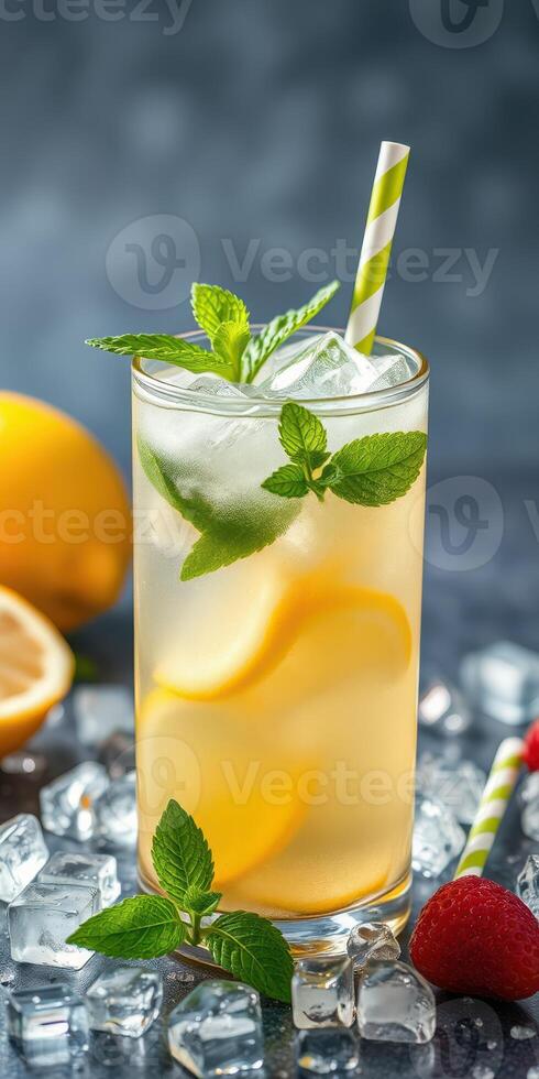Refreshing summer drink with lemon and mint garnished with berries and ice photo