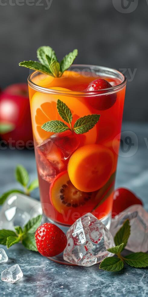 Refreshing fruit beverage garnished with mint and surrounded by fresh strawberries and ice cubes in a stylish glass photo