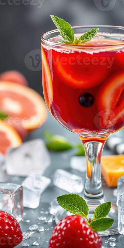 Refreshing drink with citrus slices and berries garnished with mint on a gray background with ice cubes photo