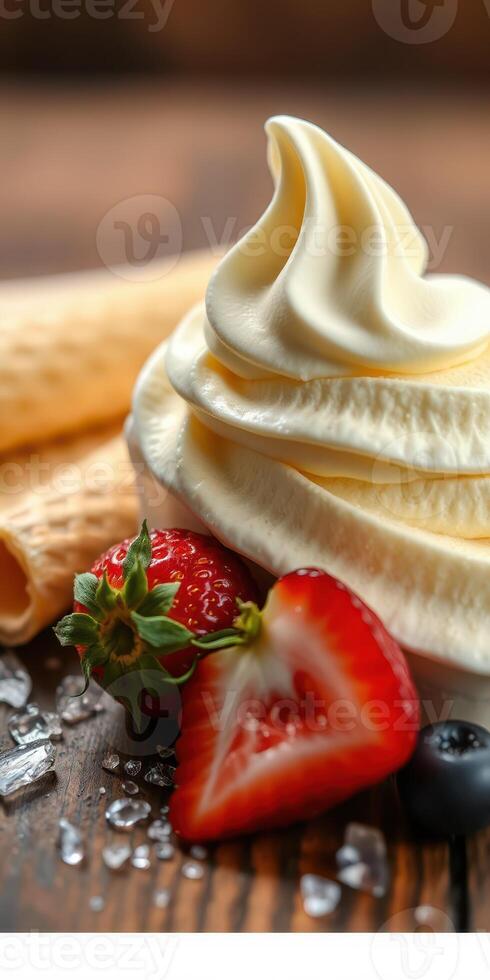Creamy soft serve ice cream topped with fresh strawberries and blueberries on a wooden table photo