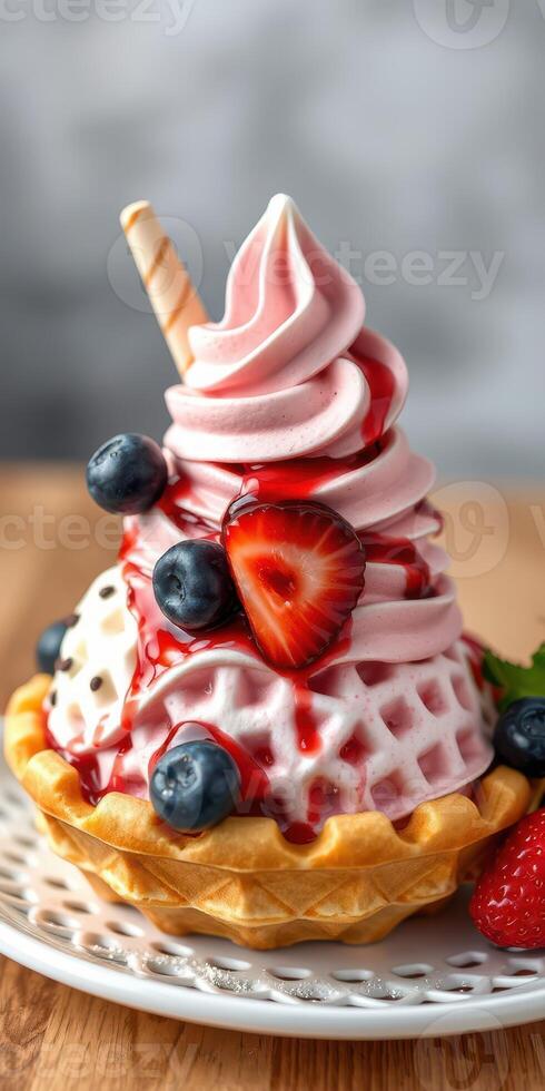 Delicious soft-serve ice cream topped with fresh strawberries and blueberries in a waffle cone photo