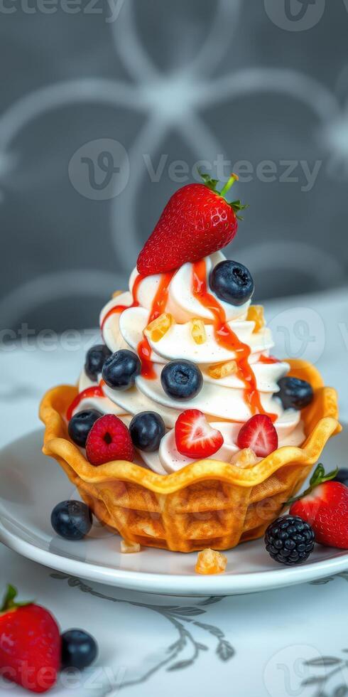 Delicious dessert featuring soft serve ice cream topped with fresh fruits and strawberry sauce in a waffle bowl photo