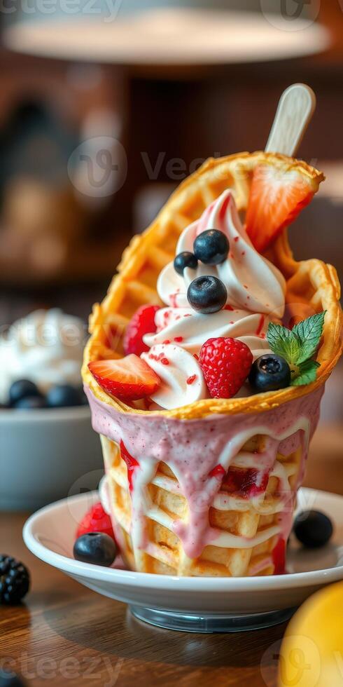 Delicious dessert with whipped cream, fresh fruits, and waffle cone stacked high on a plate in a cozy cafe setting photo